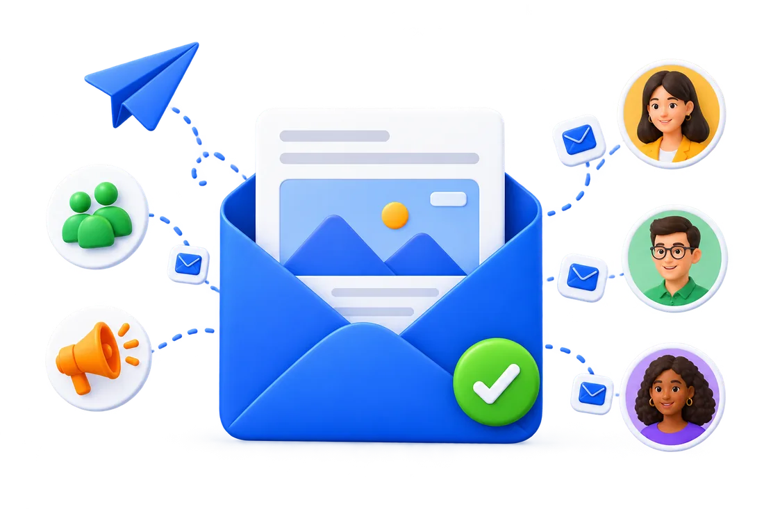 Connect Master e-posta pazarlama kampanyasının müşterilere ulaştırılmasını gösteren zarf illüstrasyonu