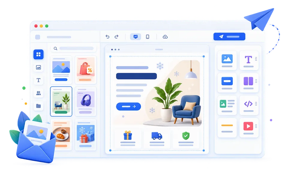 Connect Master hazır e-posta şablonları ve sürükle bırak içerik editörü ekranı