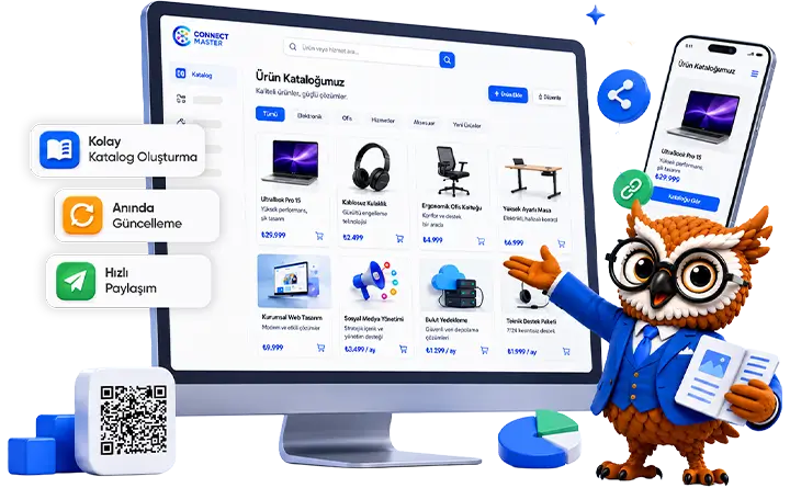Mobil cihazlarda görüntülenen modern Connect Master online ürün kataloğu
