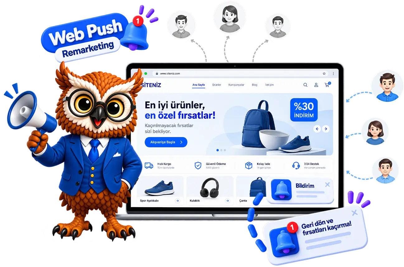Web Push bildirimleriyle ziyaretçileri yeniden web sitesine yönlendiren ekran