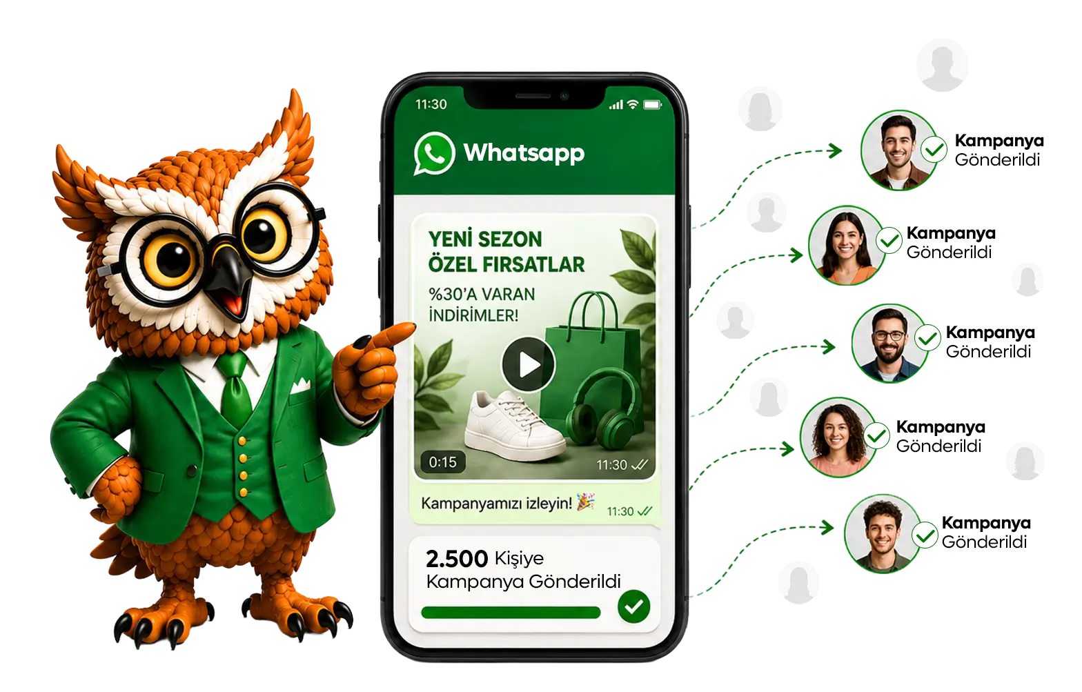 WhatsApp üzerinden çok sayıda müşteriye aynı anda toplu mesaj gönderimini gösteren telefon görseli